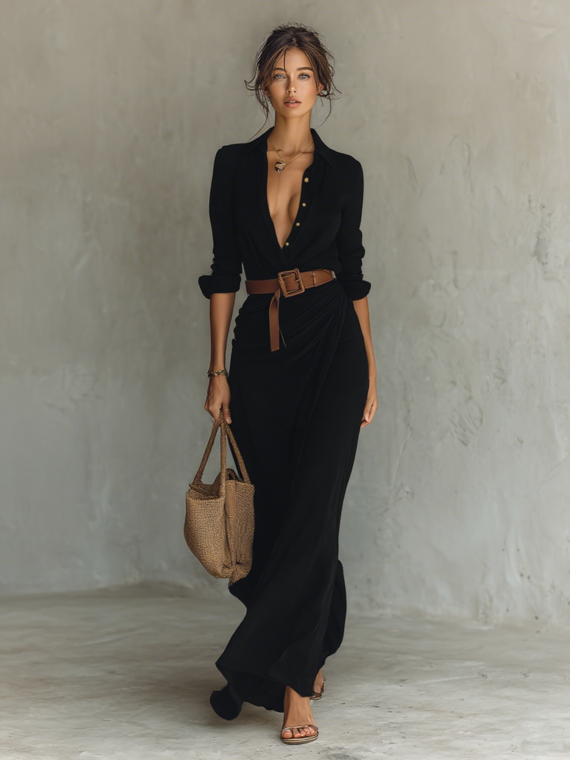 Federica – Robe Longue Col Revers Manches Longues