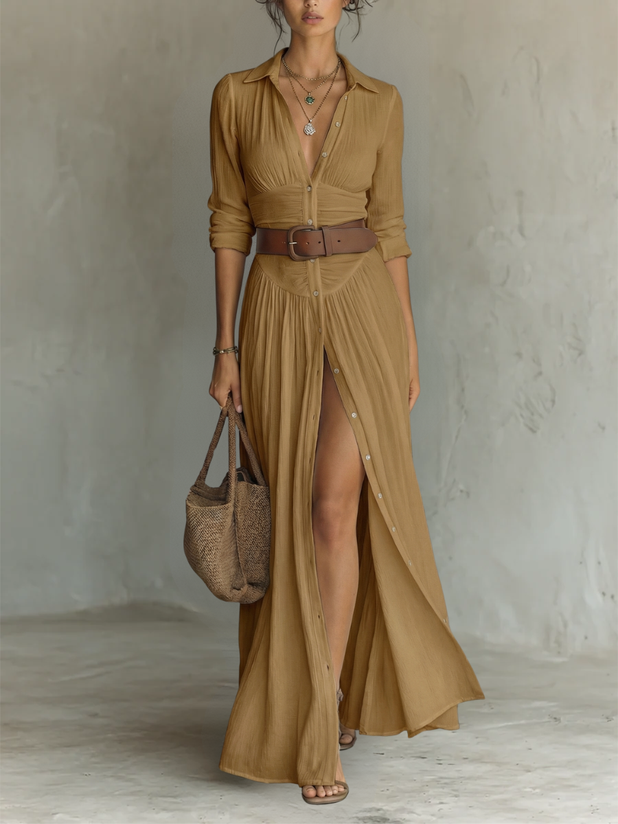 Cecilia – Robe Longue Lin Col Revers Manches Longues