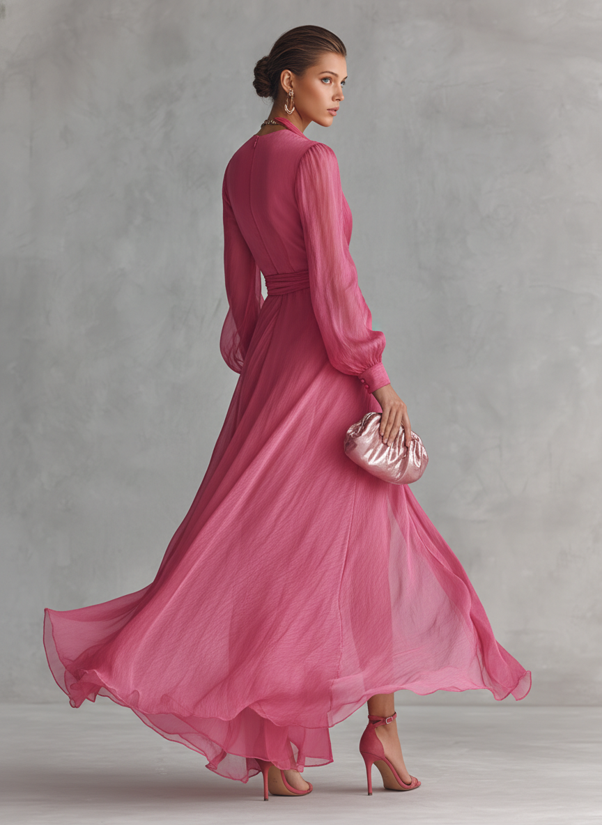 Noemi – Robe Longue Mousseline Perles Col V