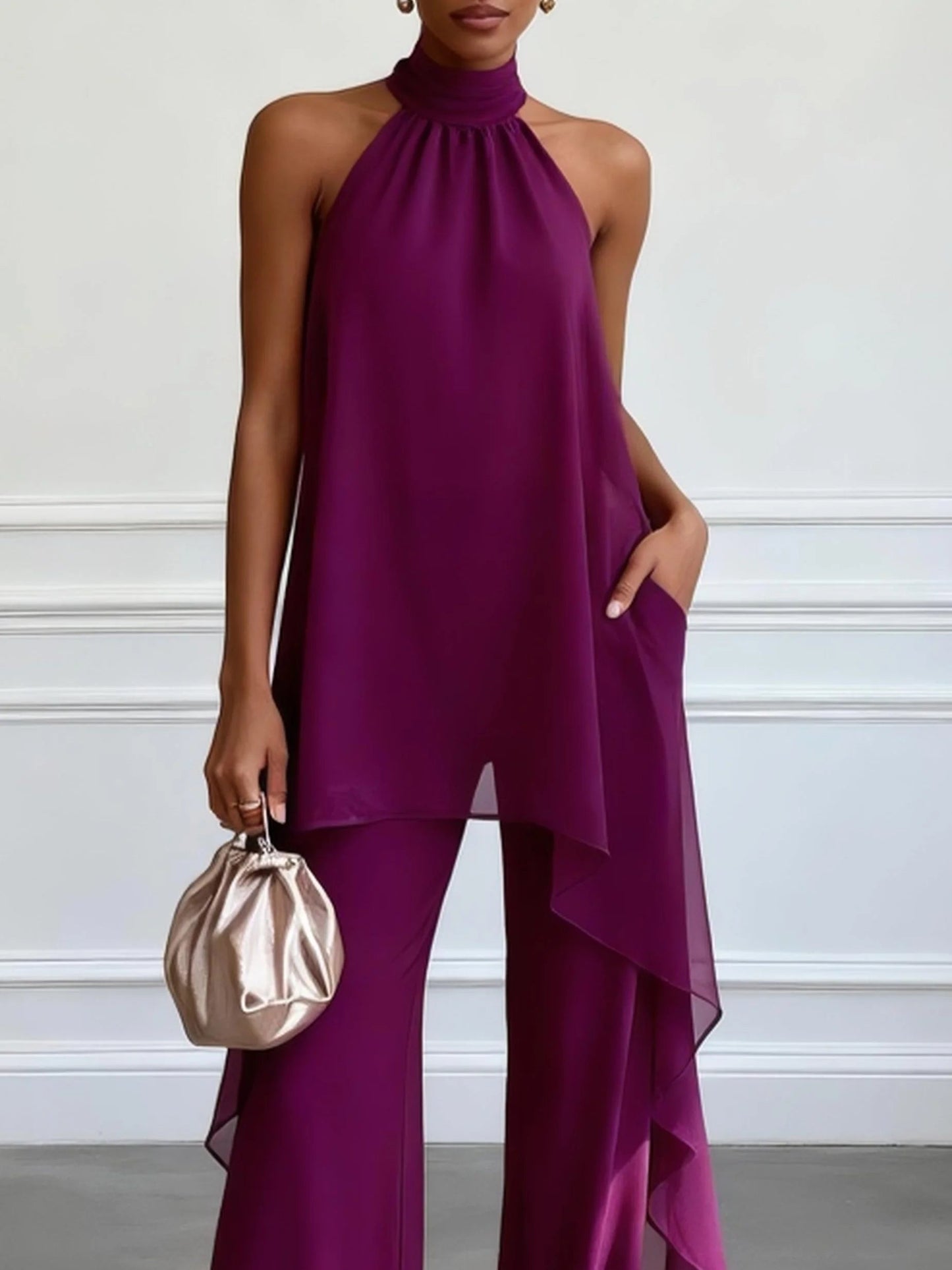 Top Élégant Sans Manches Violet avec Pantalon Ensemble Deux Pièces