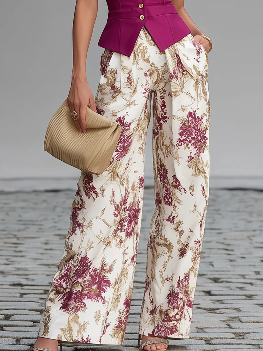 Gilet Sans Manches Rose et Pantalon Large Imprimé Floral