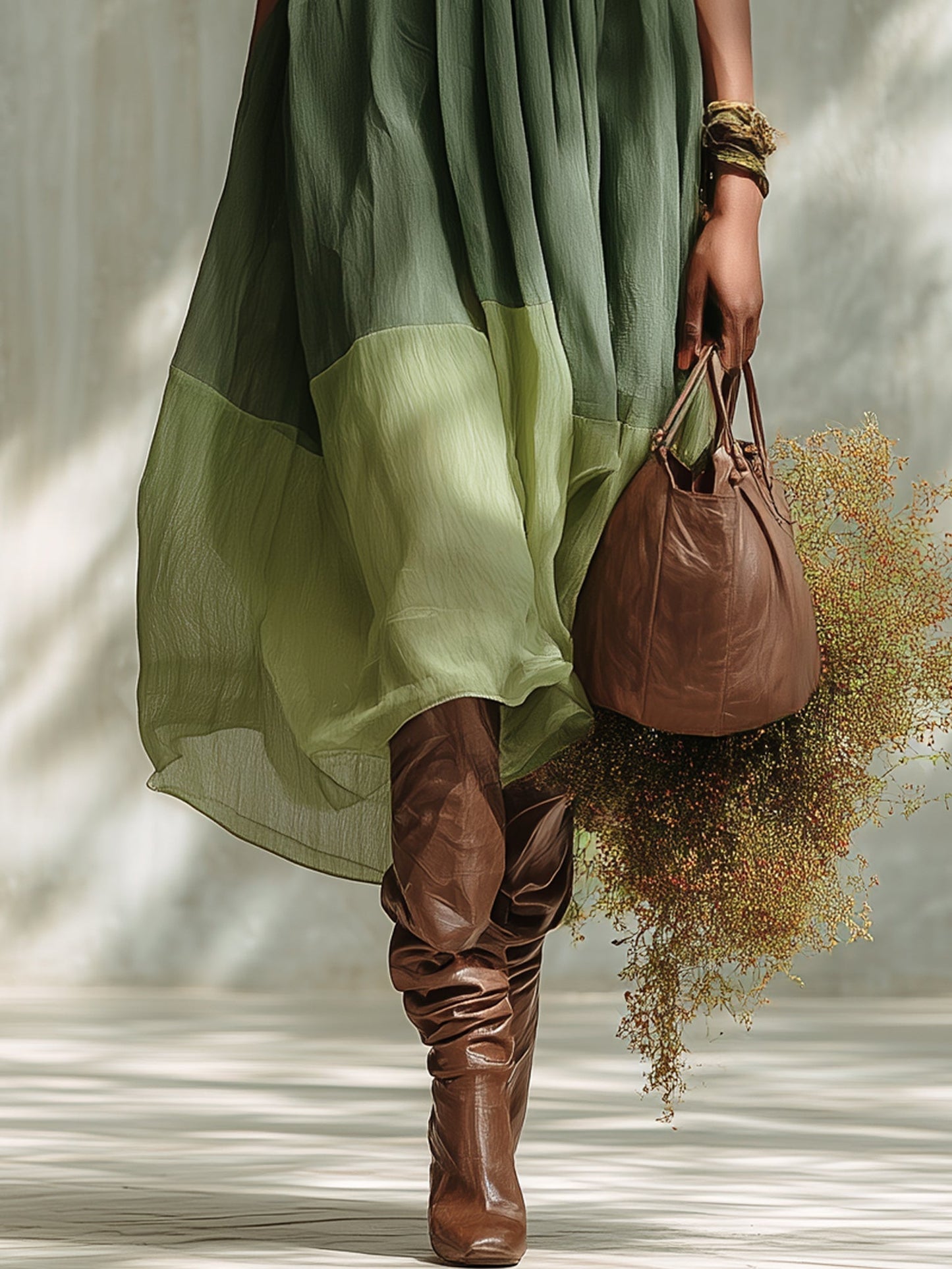 Robe Midi en Mousseline Verte Épaules Dénudées et Manches Courtes