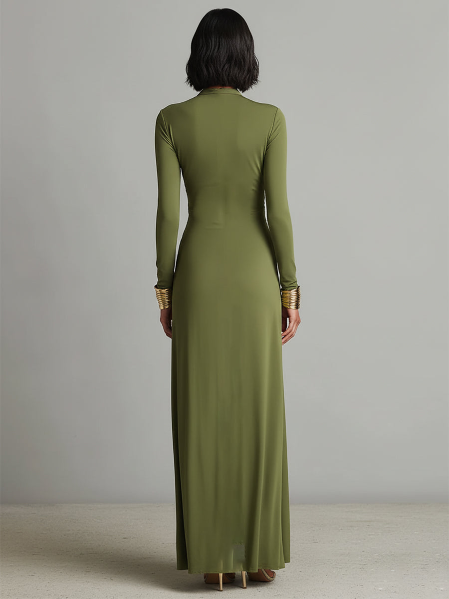 Vittoria – Robe Maxi Soie Olive Col V Plongeant