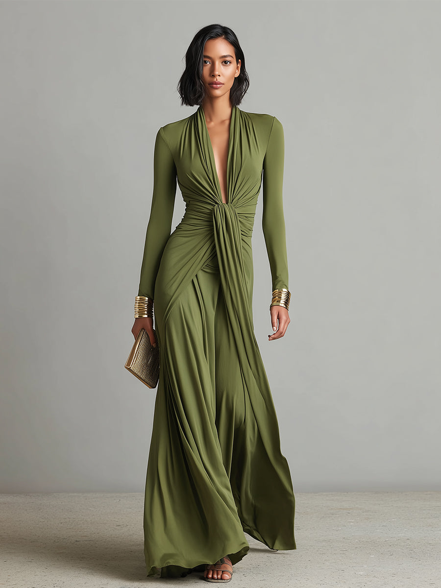Vittoria – Robe Maxi Soie Olive Col V Plongeant