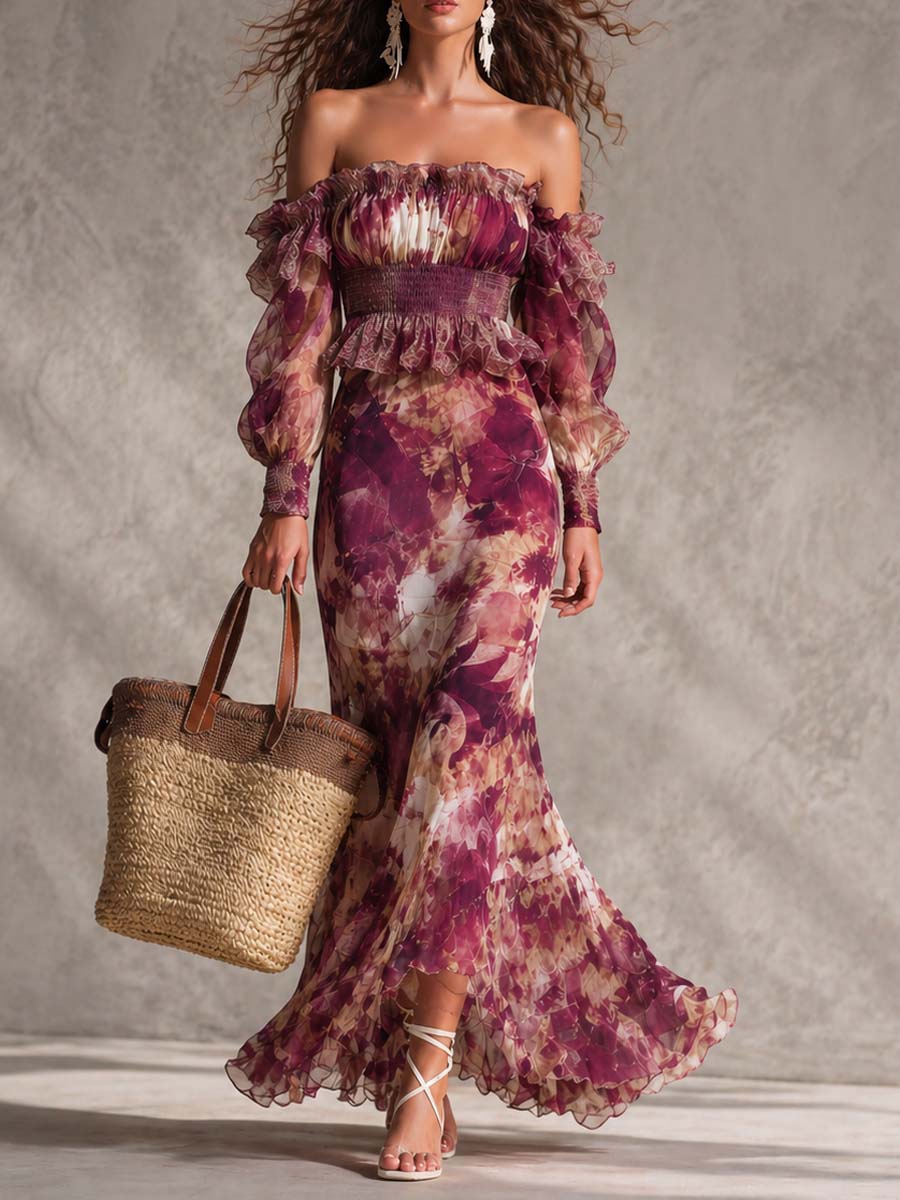 Robe Maxi en Mousseline Rose Pink Épaules Dénudées