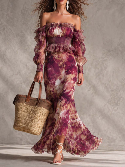 Robe Maxi en Mousseline Rose Pink Épaules Dénudées