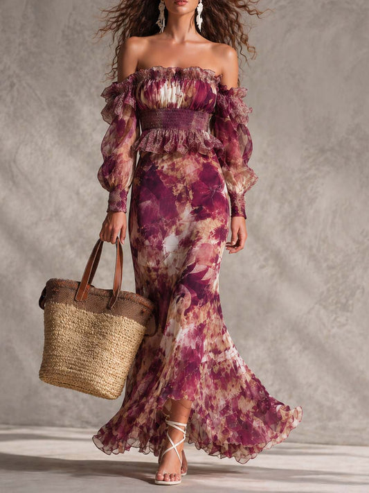 Robe Maxi en Mousseline Rose Pink Épaules Dénudées