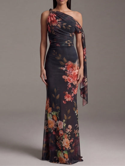Robe Maxi Plissée en Mousseline Imprimée Noire à Une Épaule