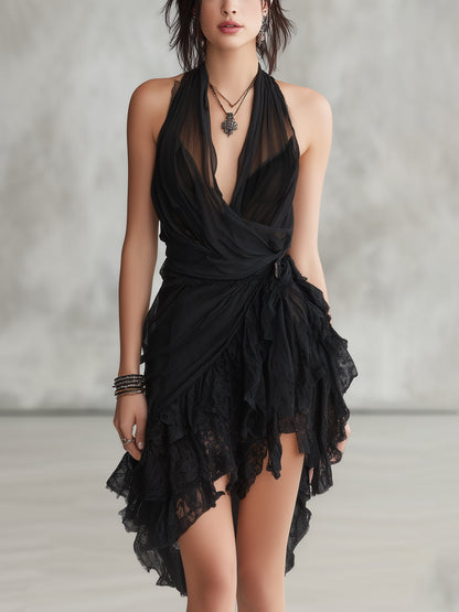 Robe Mini en Dentelle Noire à Col Halter et Volants