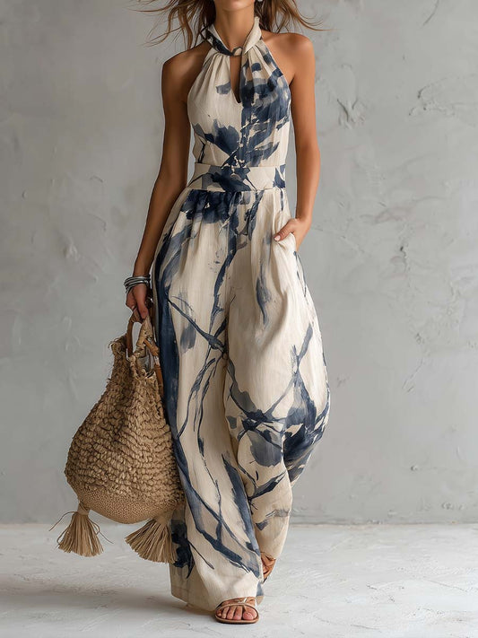 Combinaison à Col Halter avec Imprimé Encre et Pantalon Large avec Poches