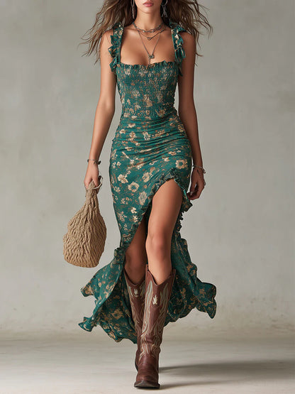 Robe Maxi Imprimée Verte Bohème avec Manches à Volants