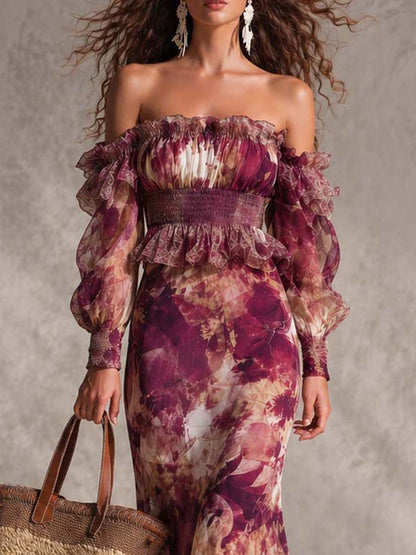 Robe Maxi en Mousseline Rose Pink Épaules Dénudées