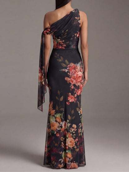 Robe Maxi Plissée en Mousseline Imprimée Noire à Une Épaule