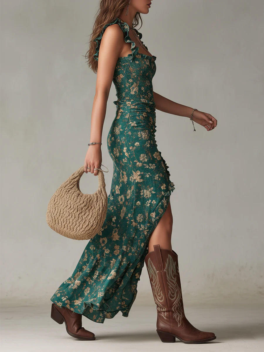 Robe Maxi Imprimée Verte Bohème avec Manches à Volants