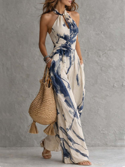 Combinaison à Col Halter avec Imprimé Encre et Pantalon Large avec Poches