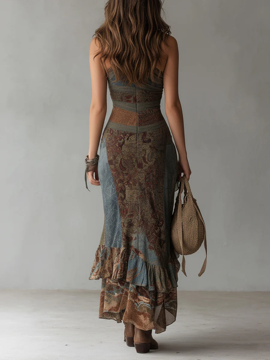 Robe Maxi Imprimée Style Ethnique Épaule Dénudée et Haute Fente