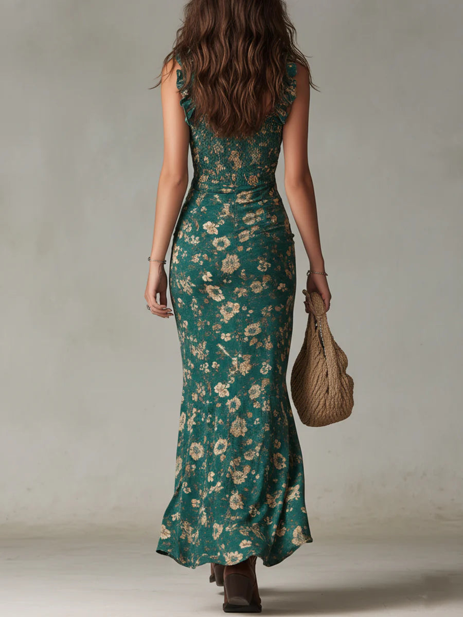 Robe Maxi Imprimée Verte Bohème avec Manches à Volants