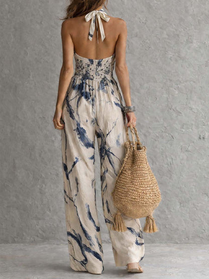Combinaison à Col Halter avec Imprimé Encre et Pantalon Large avec Poches