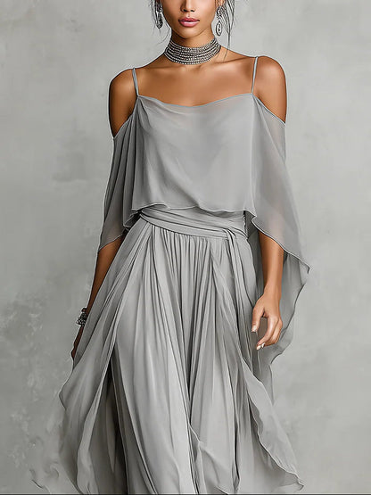 Ensemble en Mousseline Grise avec Débardeur Fluide et Pantalon Épaules Dénudées