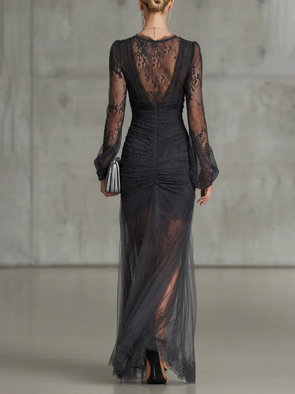 Robe Maxi Longue Gris Foncé en Dentelle avec Manches Longues et Fente