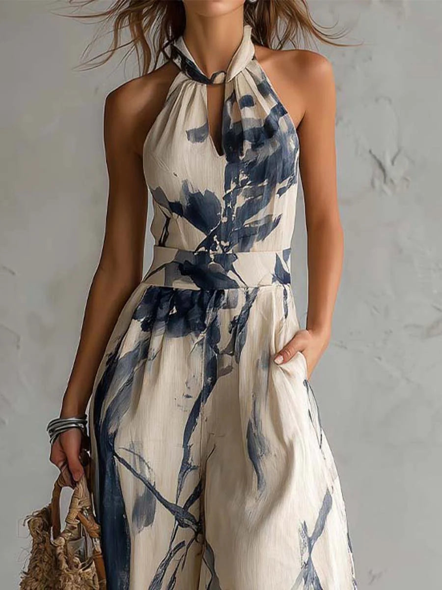 Combinaison à Col Halter avec Imprimé Encre et Pantalon Large avec Poches