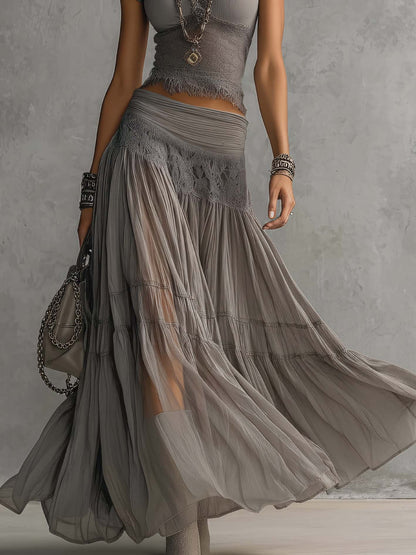 Top Gris en Dentelle Transparente avec Panneaux et Ensemble Jupe Maxi Plissée