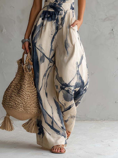 Combinaison à Col Halter avec Imprimé Encre et Pantalon Large avec Poches