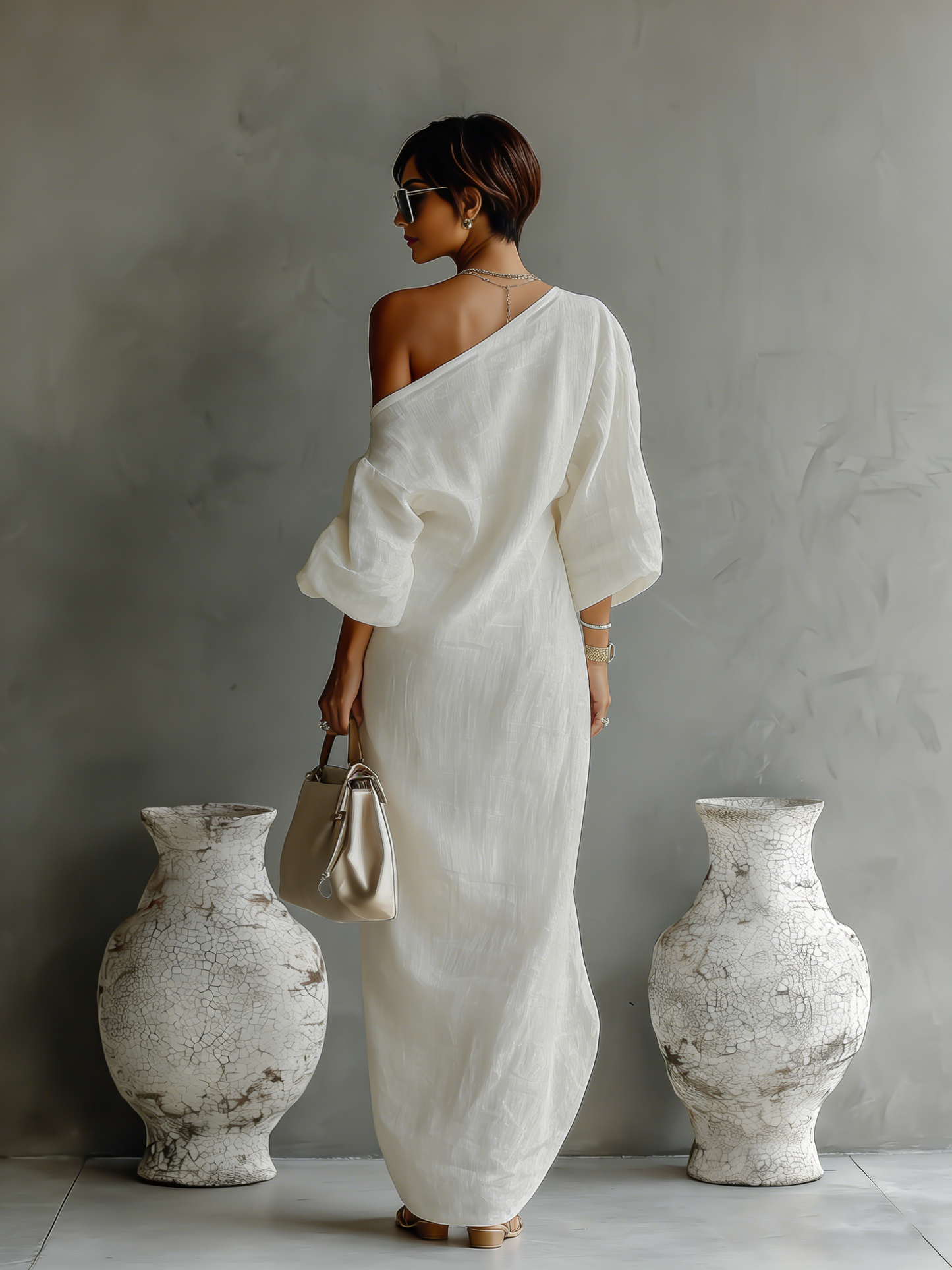 Rebecca – Robe Fluide Ivoire Épaule Dénudée Lin