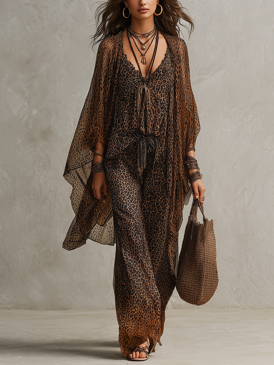 Abbigliamento fluido con stampa leopardata e degradé bohemien - Set da tre pezzi