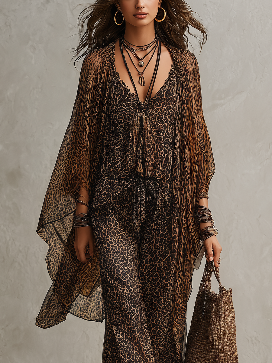 Abbigliamento fluido con stampa leopardata e degradé bohemien - Set da tre pezzi