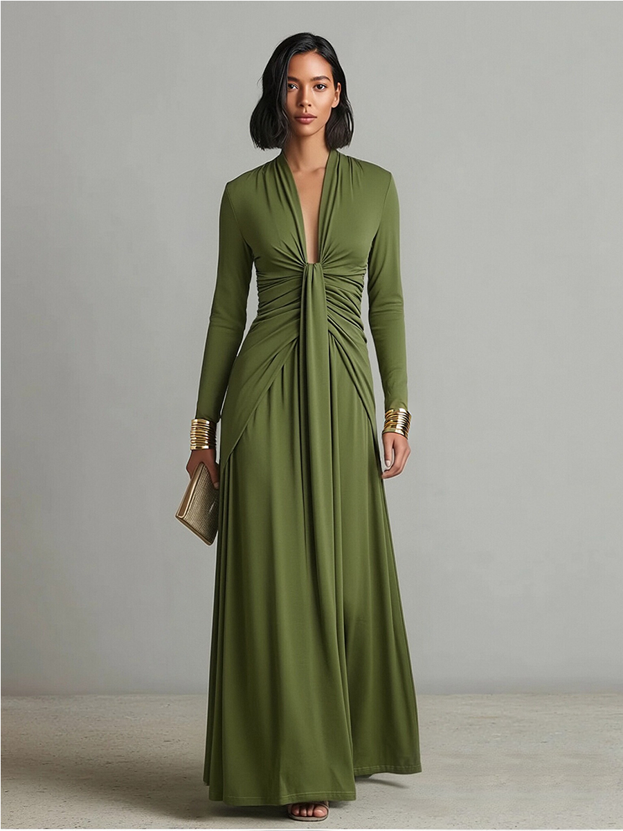 Vittoria – Robe Maxi Soie Olive Col V Plongeant