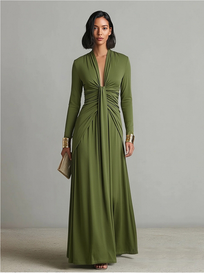 Vittoria – Robe Maxi Soie Olive Col V Plongeant