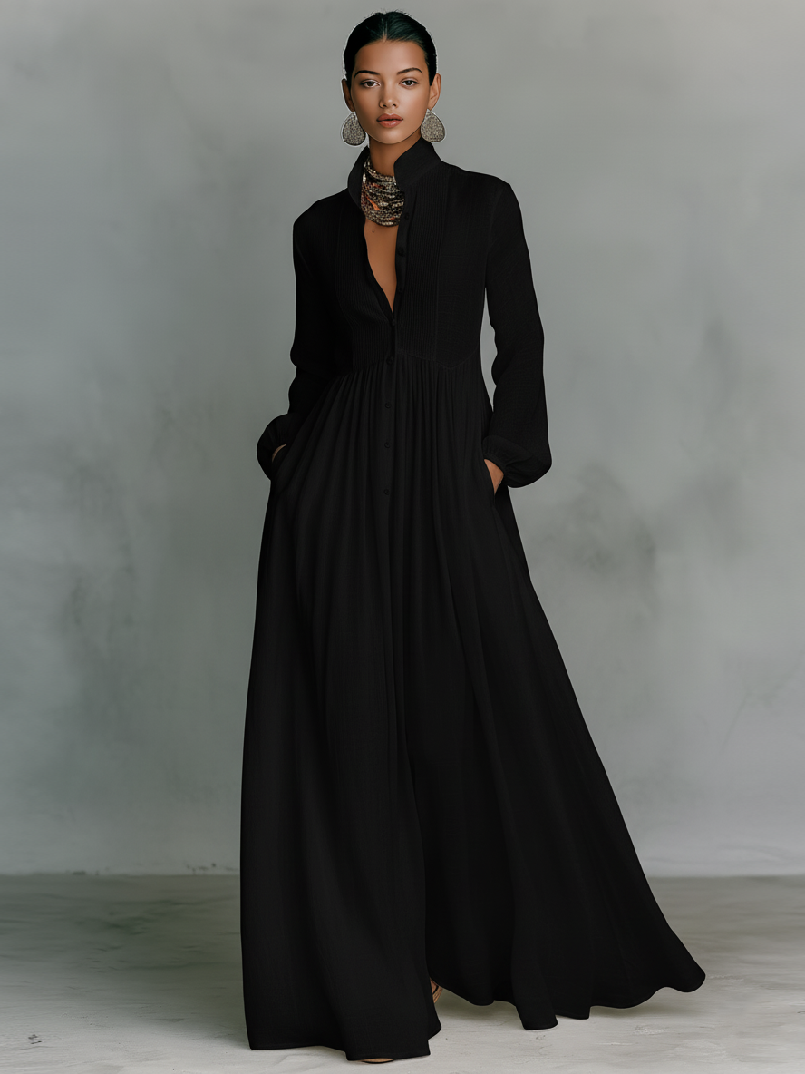 Marta – Robe Maxi Lin Patchwork Col Montant