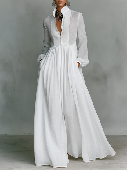 Marta – Robe Maxi Lin Patchwork Col Montant