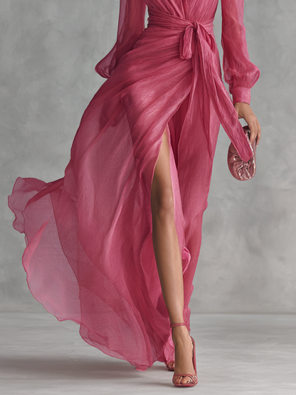 Noemi – Robe Longue Mousseline Perles Col V