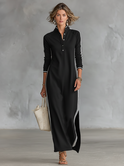 Elena – Robe Maxi Sweat Col Boutonné