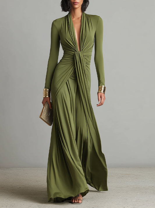 Vittoria – Robe Maxi Soie Olive Col V Plongeant