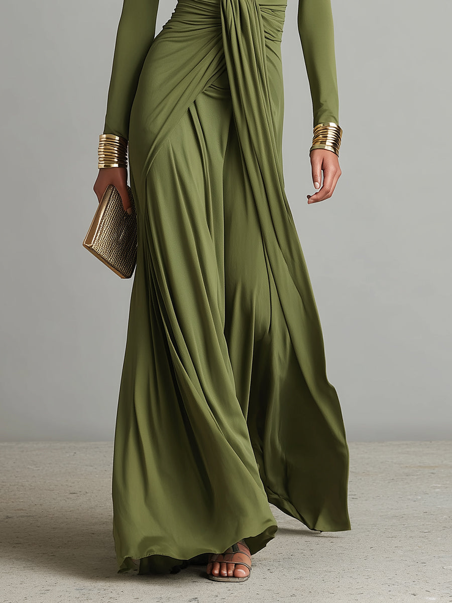 Vittoria – Robe Maxi Soie Olive Col V Plongeant