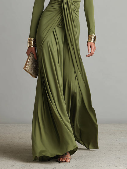 Vittoria – Robe Maxi Soie Olive Col V Plongeant