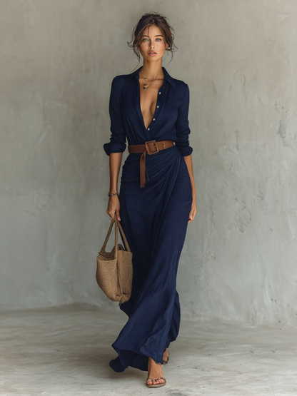 Federica – Robe Longue Col Revers Manches Longues