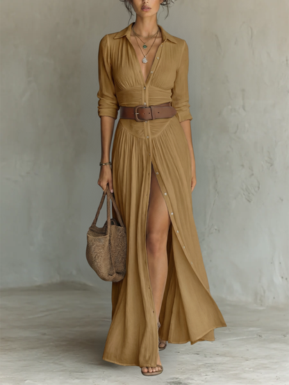 Cecilia – Robe Longue Lin Col Revers Manches Longues