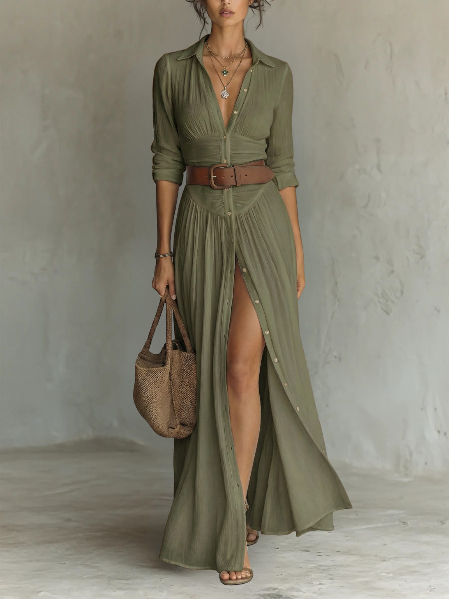 Cecilia – Robe Longue Lin Col Revers Manches Longues