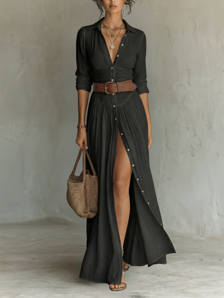 Cecilia – Robe Longue Lin Col Revers Manches Longues