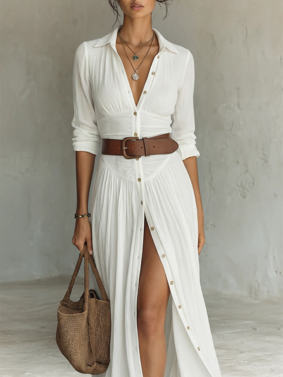 Cecilia – Robe Longue Lin Col Revers Manches Longues