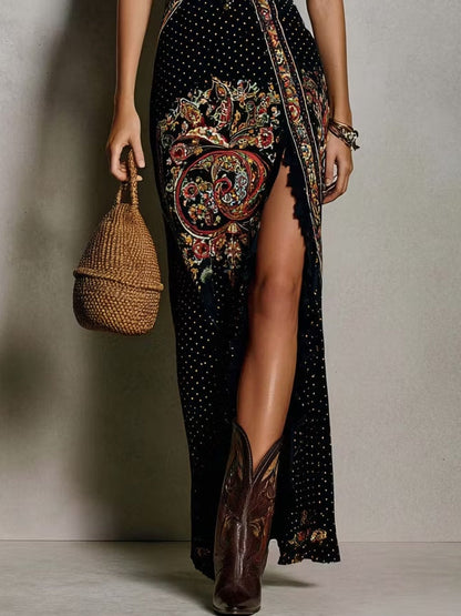 Robe Imprimée Style Bohème avec Profond Décolleté en V et Haute Fente