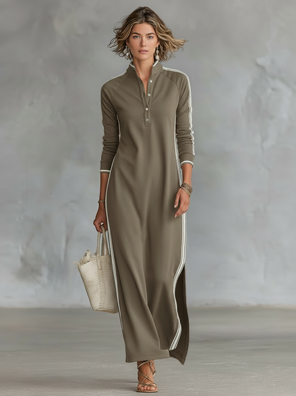 Elena – Robe Maxi Sweat Col Boutonné
