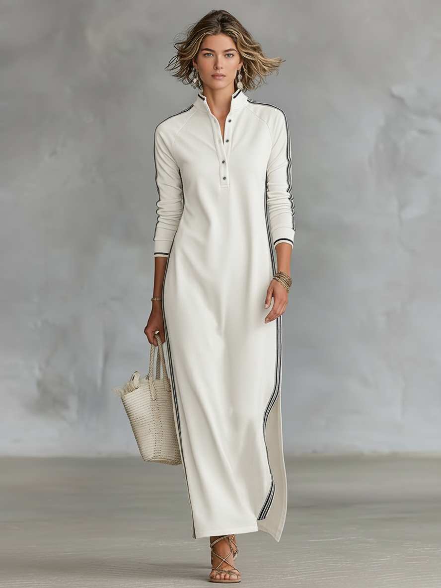 Elena – Robe Maxi Sweat Col Boutonné