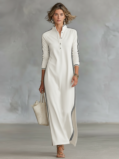 Elena – Robe Maxi Sweat Col Boutonné
