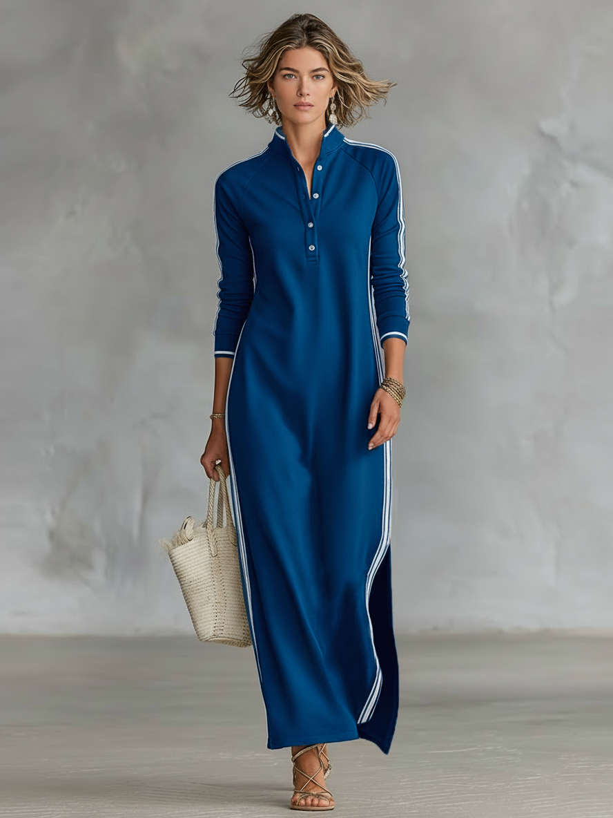 Elena – Robe Maxi Sweat Col Boutonné