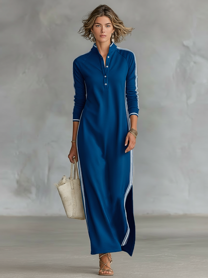 Elena – Robe Maxi Sweat Col Boutonné